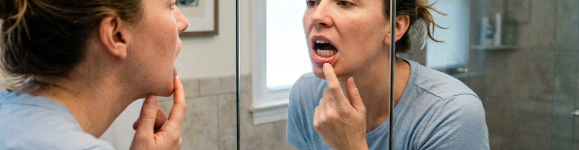 Woman pulling her lip down to show gums in mirror.